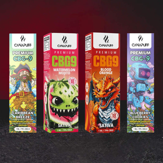 Group Photo: CBG9 Vape Pen 79% 1ml – Premium Vape Pen mit CBG9 Cannabinoid in den Varianten Watermelon Mojito, Blueberry Cookie, Caribbean Breeze und Blood Orange